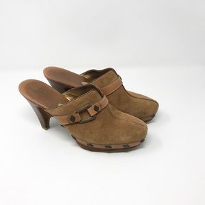 COLE HAAN  Suede Leather Buckle Heeled Mules